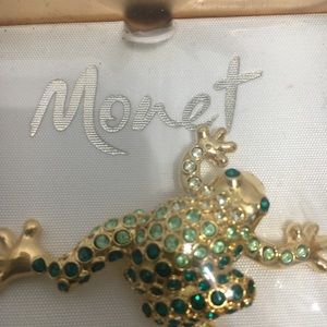 Monet Green Rhinestone and Gold Brooch Pin.